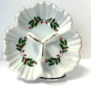 Vintage Mogi Porcelain Divided Tidbit Christmas Dish Made in Japan Holly Berries